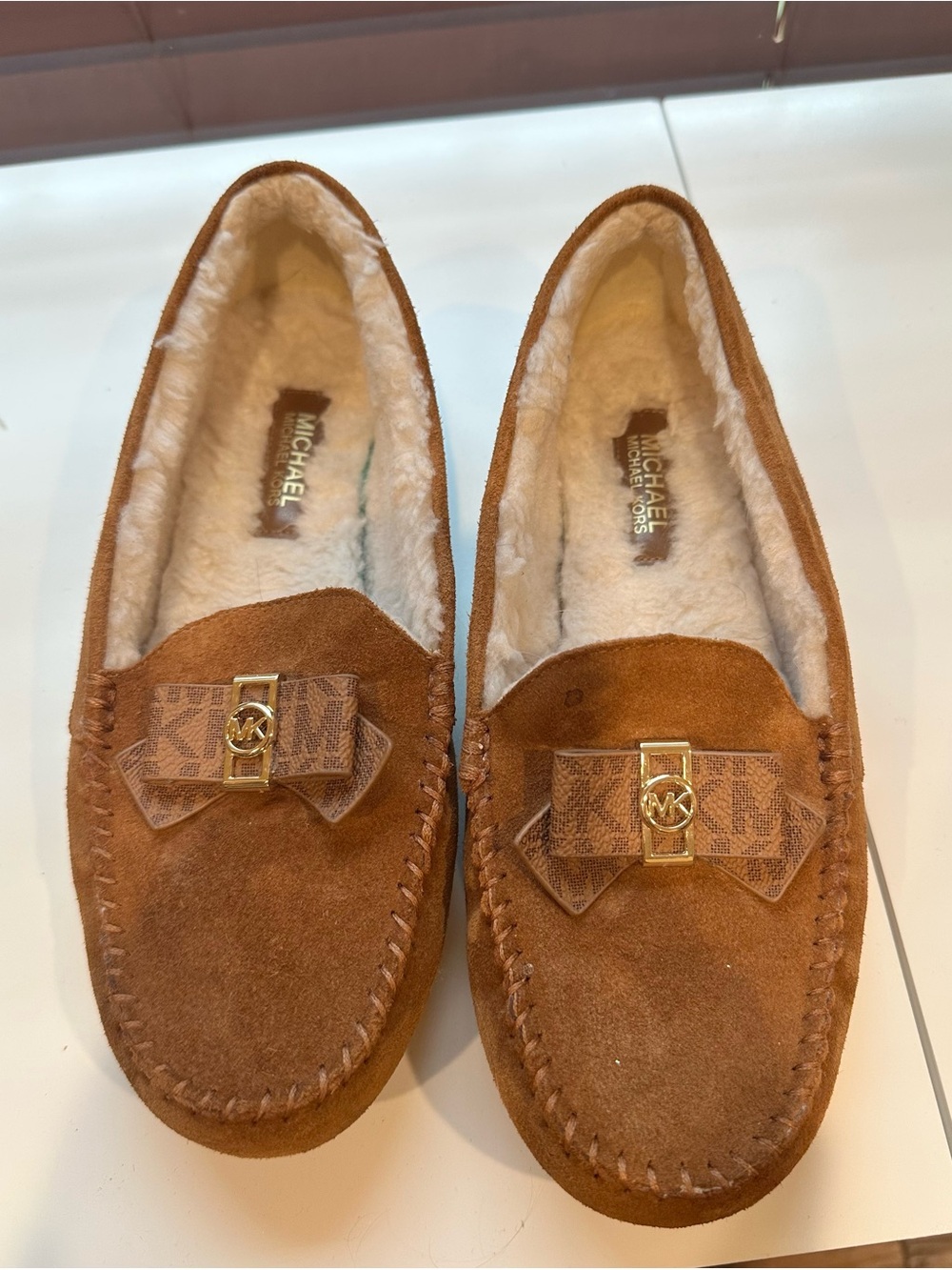 Michael Kors Chestnut Suede Moccasin Slippers with MK Bow Detail